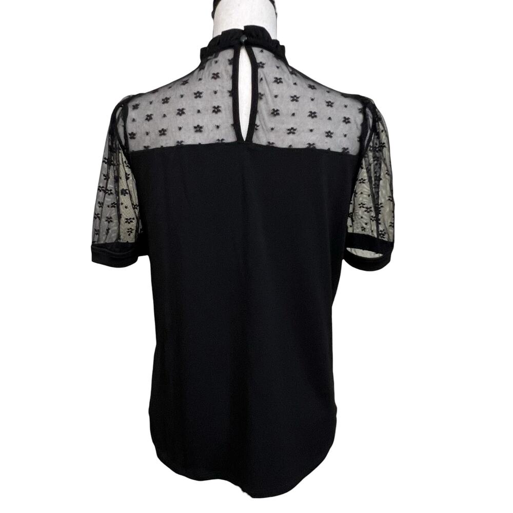 Adrianna Papell Black Mesh Lace Blouse Small Sheer Yoke Top Short Sleeve - Picture 3 of 8